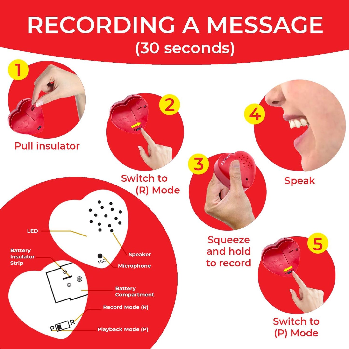 Voice Recorder for Stuffed Animal | 2 Pack - 30 Sec Voice Box for Stuffed Animal | Recording Safe Recordable Heart Button | Sound Module Insert for Build a Bear, Kids, Teddy, Toy and Gifts Red