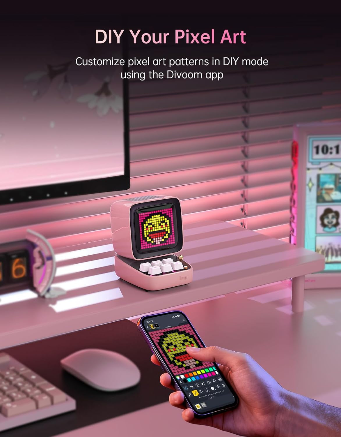 Ditoo Retro Pixel Art Game Bluetooth Speaker with 16X16 LED App Controlled Front Screen (Pink)